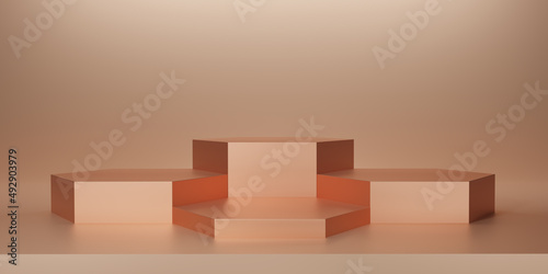 Shiny light orange hexagon pedestal or podium. Metallic Cantaloupe color hexagon cube Blank display or clean room for showing product. Minimalist mockup for podium display or showcase. 3D rendering.