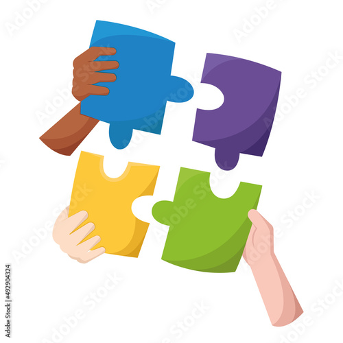 Group of hands holding pieces of a puzzle Business teamwork concept Vector