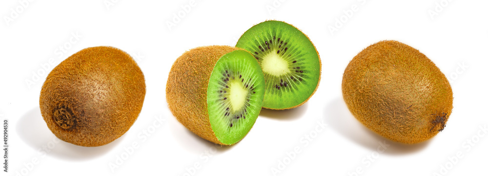 Fototapeta premium Kiwis cut and whole on an isolated white background.