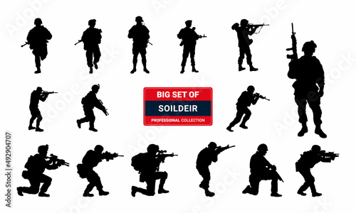 Fotografie, Tablou Troop of soldiers silhouette vector, Military man Silhouette.