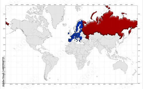 World Map with highlighted European Union and Russia. Business chart, label, sticker, banner, poster, or wallpaper concept.