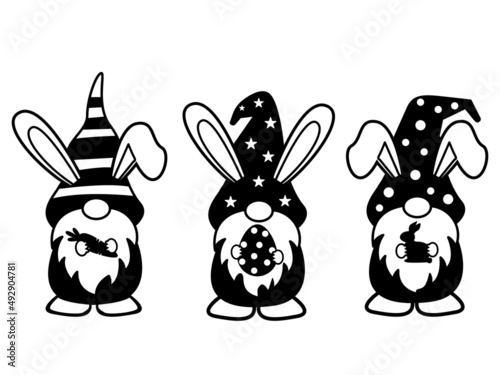 Three happy Cute Easter gnomes with bunny rabbit ears holding a carrot, Easter egg, Kids Easter clipart, Easter cut file bunny vector illustration.