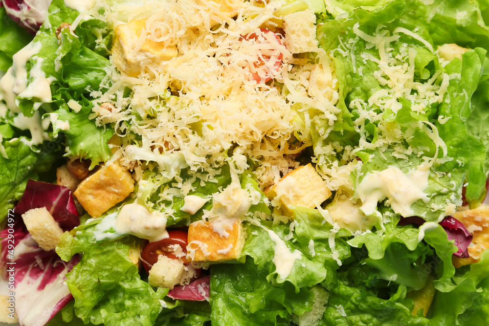 Texture of tasty vegan Caesar salad, closeup Texture of tasty vegan Caesar salad, closeup