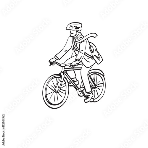 line art businessman with helmet riding bicycle to work illustration vector hand drawn isolated on white background