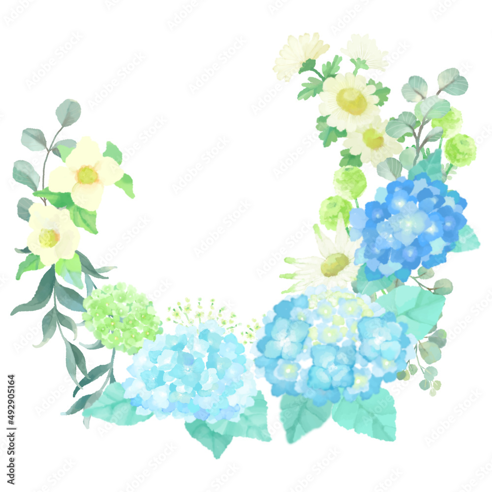 紫陽花とナチュラルフラワーフレームイラスト / 小花 . ユーカリ . フランネルフラワー . リース . オーバル 紫陽花とナチュラルフラワーフレームイラスト / 小花 . ユーカリ . フランネルフラワー . リース . オーバル
