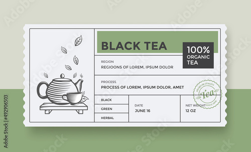 Packaging design for Black or Green Tea. Vector vintage product label. Retro package with teapot, leaf and cup.