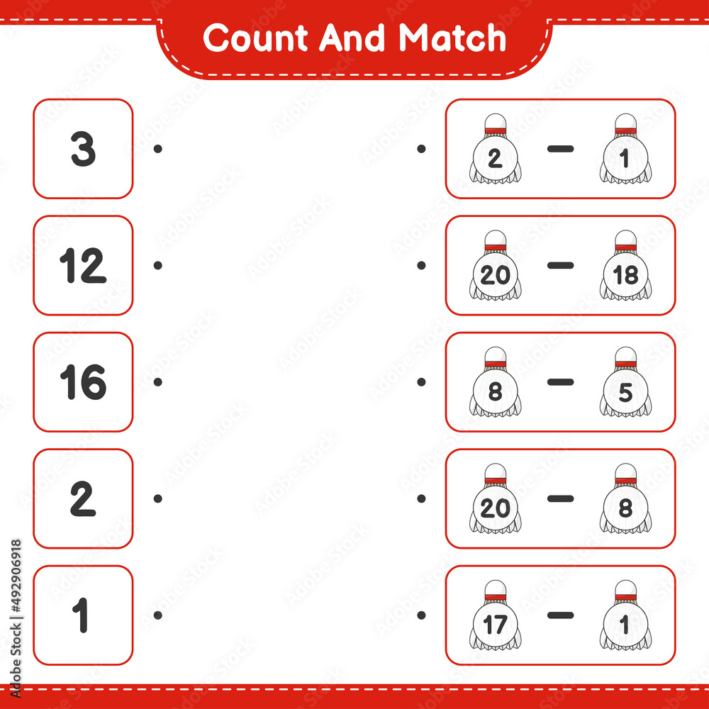 Count and match, count the number of Shuttlecock and match with the right numbers. Educational children game, printable worksheet, vector illustration