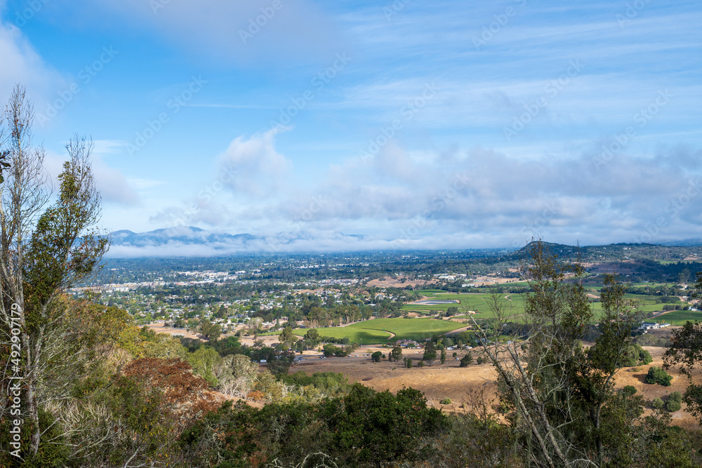 View of the Napa Valley from the Skyline wilderness park, California, USA, with blue sky copy-space