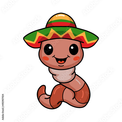 Cute tequila worm cartoon wearing a mexican sombrero hat