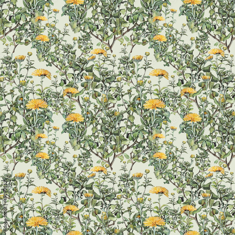 Seamless pattern watercolor yellow chrysanthemum with green leaves on blue background. Vintage hand-drawn summer branch flower and bud for celebration card. Art for wallpaper wrapping sketchbook Seamless pattern watercolor yellow chrysanthemum with green leaves on blue background. Vintage hand-drawn summer branch flower and bud for celebration card. Art for wallpaper wrapping sketchbook