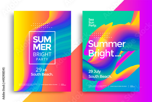 Summer bright party poster. Abstract gradients wave music background. Liquid colorful flow cover. Vector illustration