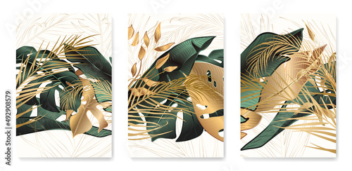 Tropical gold and green luxury background. Botanical art banner with palm, monstera, bamboo for decoration, interior design, invitations, packaging
