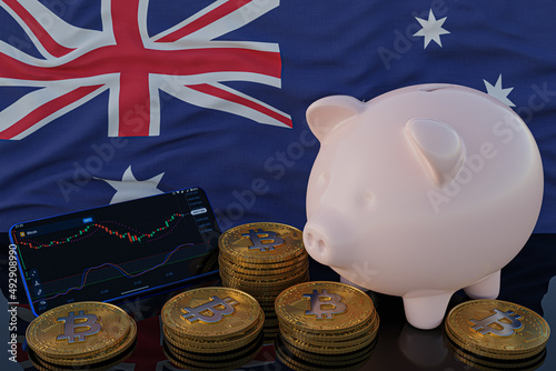 Bitcoin and cryptocurrency investing. Australia flag in background. Piggy bank, the of saving concept. Mobile application for trading on stock. 3d render illustration. © TexBr
