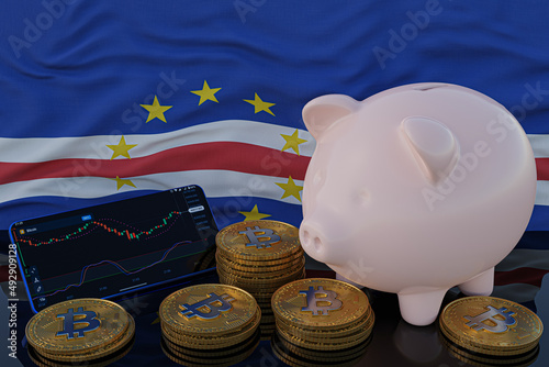 Bitcoin and cryptocurrency investing. Caple Verde flag in background. Piggy bank, the of saving concept. Mobile application for trading on stock. 3d render illustration. photo