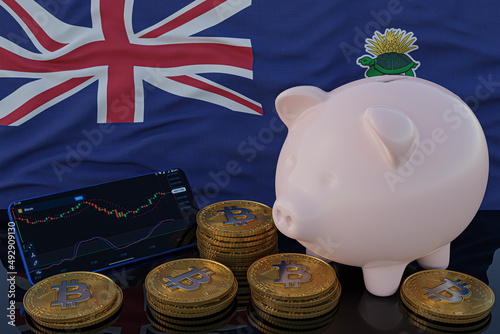 Bitcoin and cryptocurrency investing. Cayman Islands flag in background. Piggy bank, the of saving concept. Mobile application for trading on stock. 3d render illustration. © TexBr