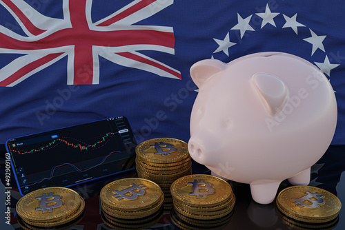 Bitcoin and cryptocurrency investing. Cook Island flag in background. Piggy bank, the of saving concept. Mobile application for trading on stock. 3d render illustration. © TexBr