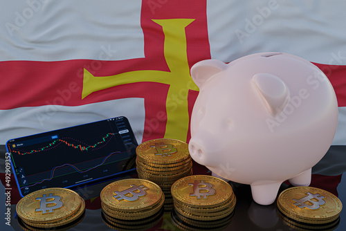 Bitcoin and cryptocurrency investing. Guernsey flag in background. Piggy bank, the of saving concept. Mobile application for trading on stock. 3d render illustration. photo