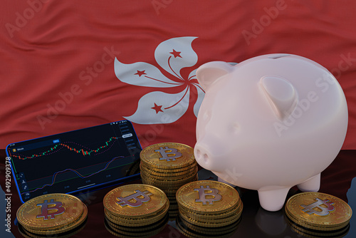 Bitcoin and cryptocurrency investing. Hong Kong flag in background. Piggy bank, the of saving concept. Mobile application for trading on stock. 3d render illustration. photo