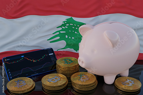 Bitcoin and cryptocurrency investing. Lebanon flag in background. Piggy bank, the of saving concept. Mobile application for trading on stock. 3d render illustration. photo