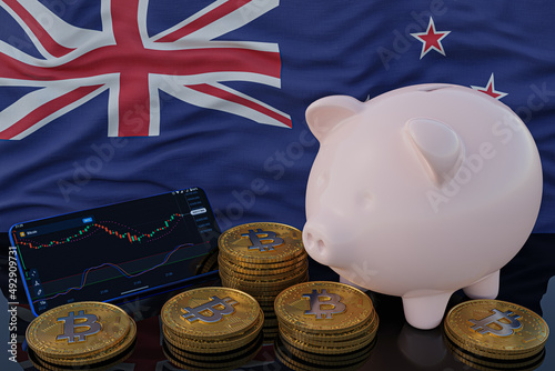 Bitcoin and cryptocurrency investing. New Zealand flag in background. Piggy bank, the of saving concept. Mobile application for trading on stock. 3d render illustration. © TexBr