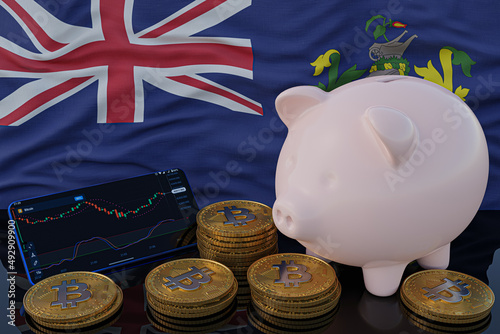 Bitcoin and cryptocurrency investing. Pitcairn Islands flag in background. Piggy bank, the of saving concept. Mobile application for trading on stock. 3d render illustration. © TexBr