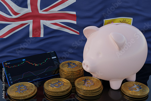 Bitcoin and cryptocurrency investing. Turks and Caicos Islands flag in background. Piggy bank, the of saving concept. Mobile application for trading on stock. 3d render illustration. © TexBr