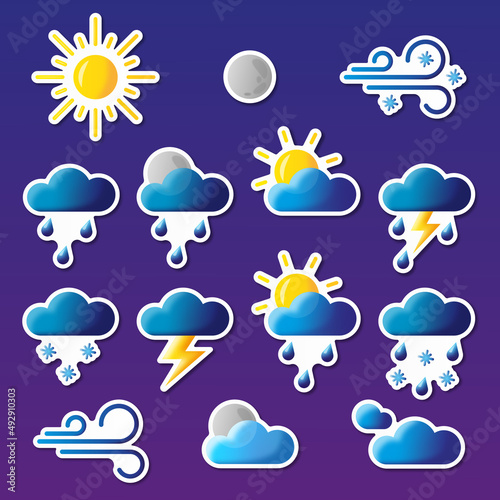 Collection of vector weather icon stickers: sunny day, cloudy day, cloudy night, mainly cloudy, rain, sun with rain, rain with snow, snow, wind, cold wind, thunderstorm, thunderstorm and rain, moon