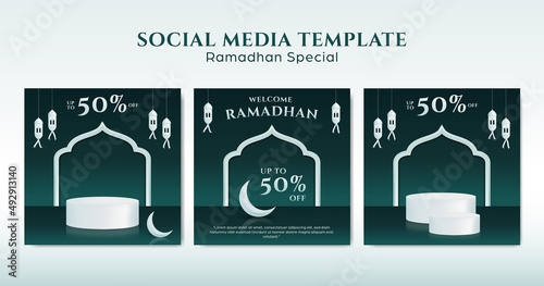 instagram ramadhan post template set for promotion with white podium product showcase and green background
