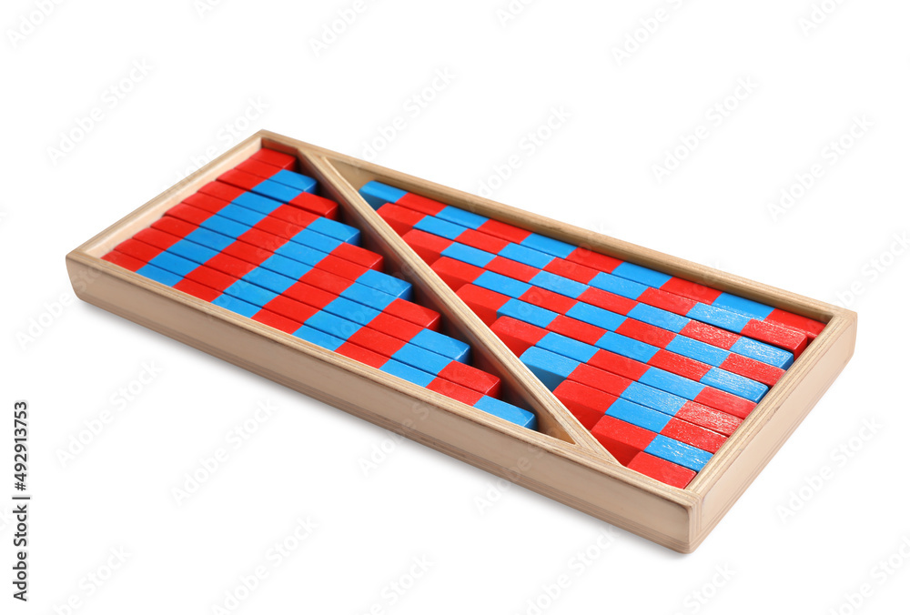 Wooden box with red and blue numerical sticks isolated on white. Montessori math toy Wooden box with red and blue numerical sticks isolated on white. Montessori math toy