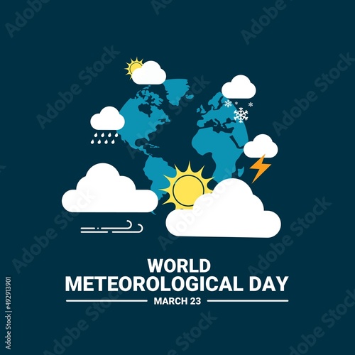 Vector illustration of world meteorology day, globe surrounded by weather icons, as banner, poster or template.