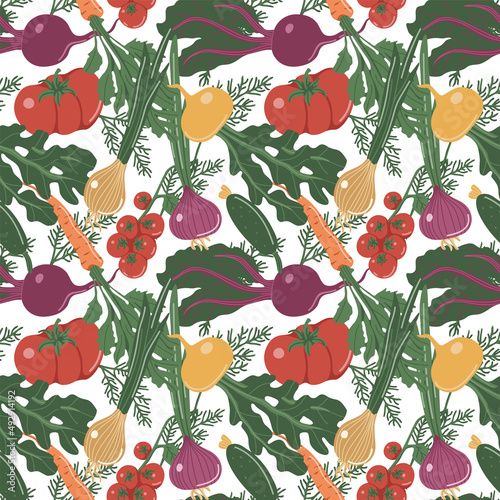 Vector seamless pattern with vegetables. Gardening. Springtime. Hand drawn illustration. The print is used for Wallpaper, fabric, textile.
