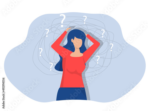 woman suffers from obsessive thoughts; headache; unresolved issues; psychological trauma; depression.Mental stress panic mind disorder illustration Flat vector illustration.