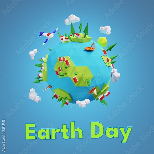 3D Rendering Low Poly Planet for April 22 Happy Earth Day. Polygonal Globe Icon. World Environment Day. Save The World. Environmental Holiday.