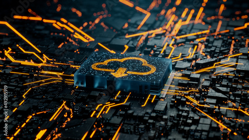 Data storage Technology Concept with cloud download symbol on a Microchip. Data flows from the CPU across a Futuristic Motherboard. 3D render. photo