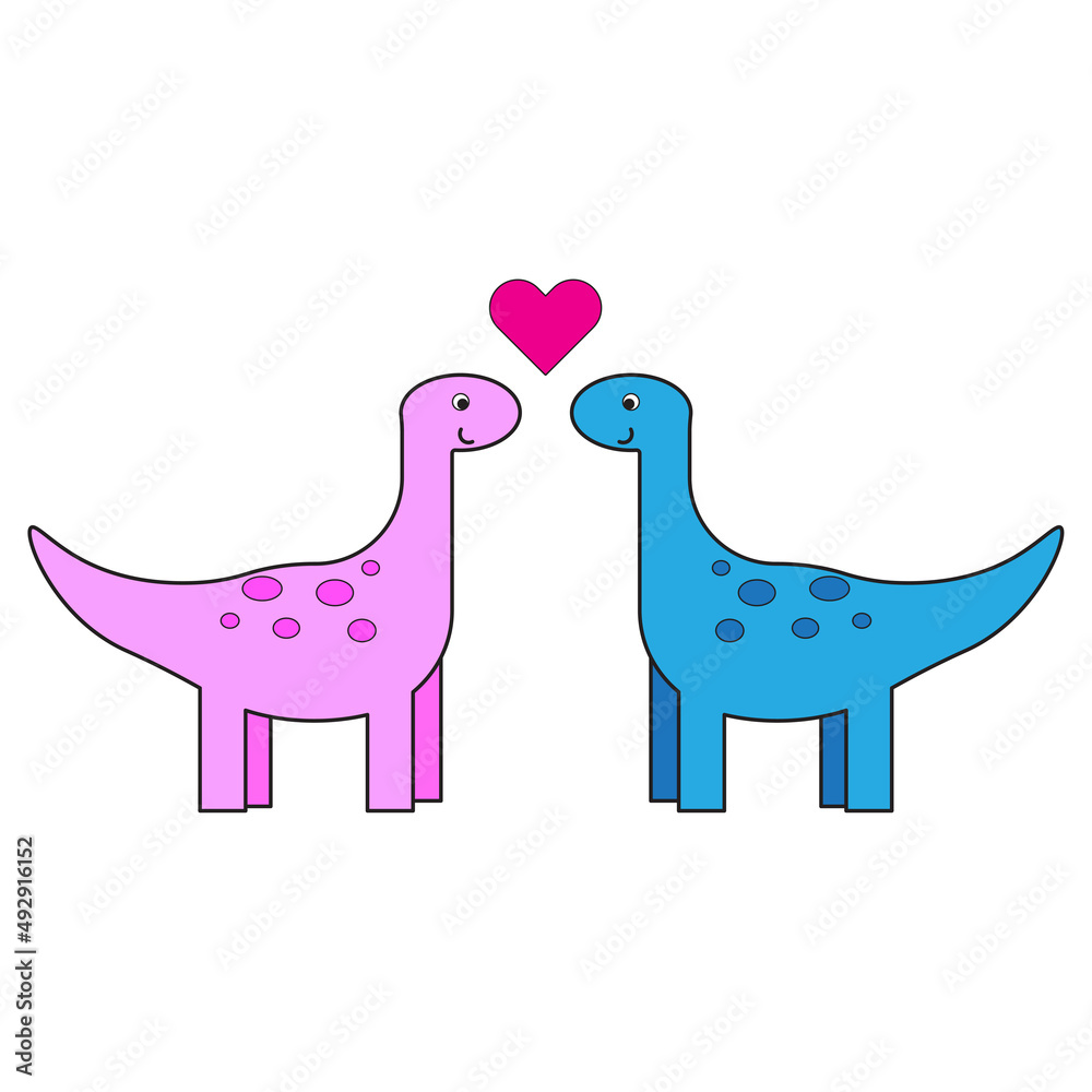 Beautiful flat illustration with love dinosaurs heart. Romantic background. Vector illustration. stock image.