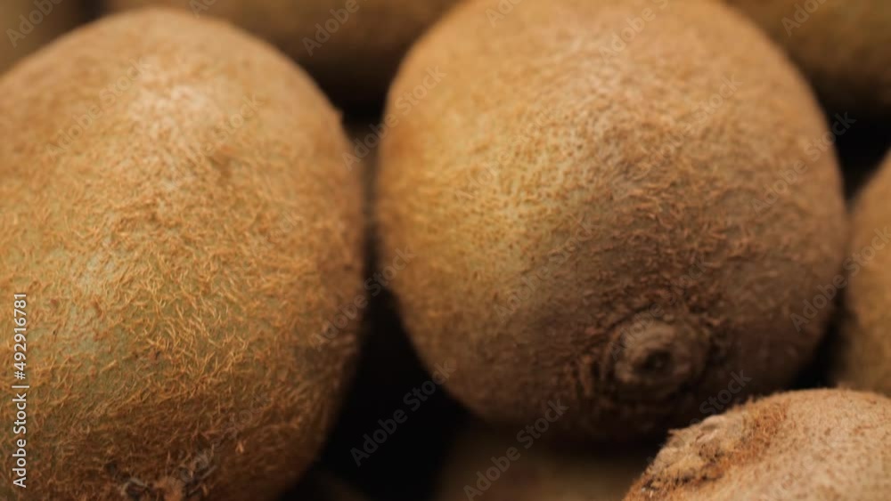 Kiwi fruit. Camera slowly moves up and showing few kiwi fruit. Close-up Kiwi fruit. Camera slowly moves up and showing few kiwi fruit. Close-up