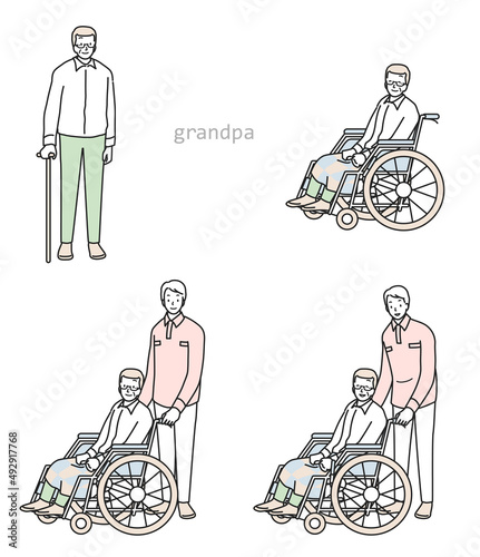 杖をつくシニア男性と車イスのシニア男性
