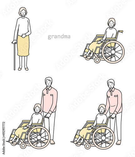 杖をつくシニア女性と車イスのシニア女性