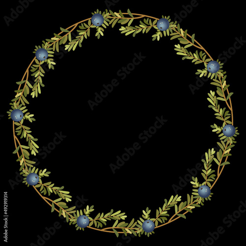 Round floral frame or border with branches of crowberry or blackberry with green leaves and blue berries. Empetrum nigrum. Isolated vector floral illustration. On black background. Christmas design.