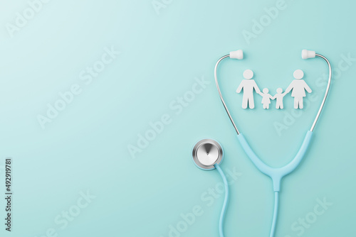 Top view of medical stethoscope and icon family on cyan background. Health care insurance concept. 3d rendering photo