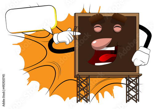 Billboard shows a you're nuts gesture by twisting his finger around his temple. Cute cartoon advertisement sign, banner character.