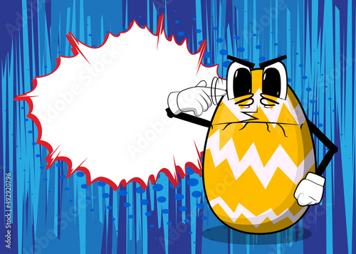 Easter Egg shows a you're nuts gesture by twisting his finger around his temple. Cartoon character with funny face for the Easter holiday.