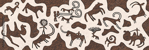 Panel on the ethnic theme. A series of petroglyphs, rock paintings, vector design.	