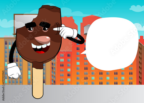 Ice Cream shows a you're nuts gesture by twisting his finger around his temple. Summer refreshment, sweet food as a cartoon character with face.