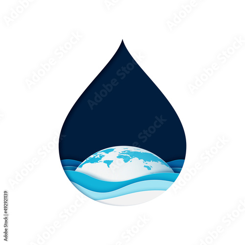 World water day.Earth in water drop.Paper art of save water for ecology and environment conservation concept design.