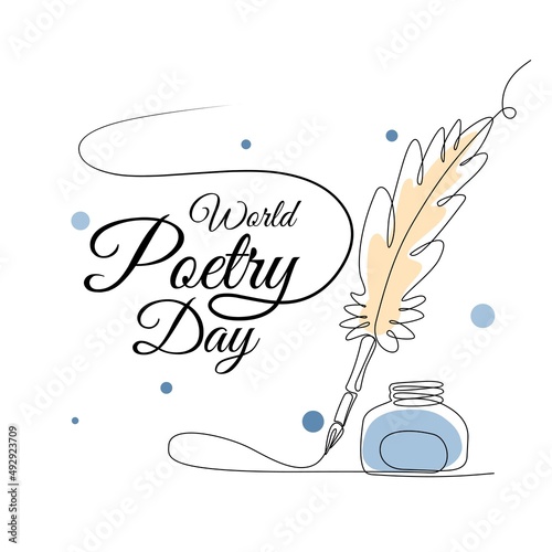 World Poetry Day, March 21. Vector illustration of inkwell and feather. continuous single line drawing.