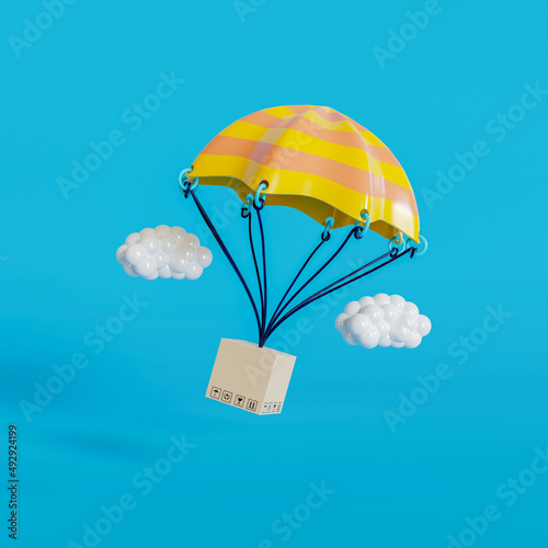 3d illustration flying cardboard with parachute and clouds