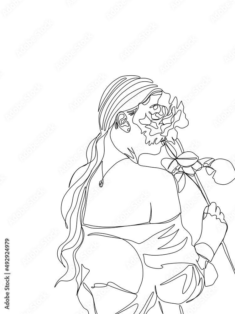 Plakat A woman covering her face with a flower is drawn in one line art style. Body expression. Printable art.