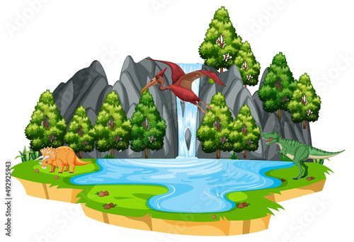 Scene with dinosaurs on island