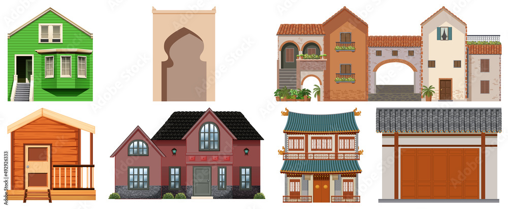 Different designs of buildings on white background